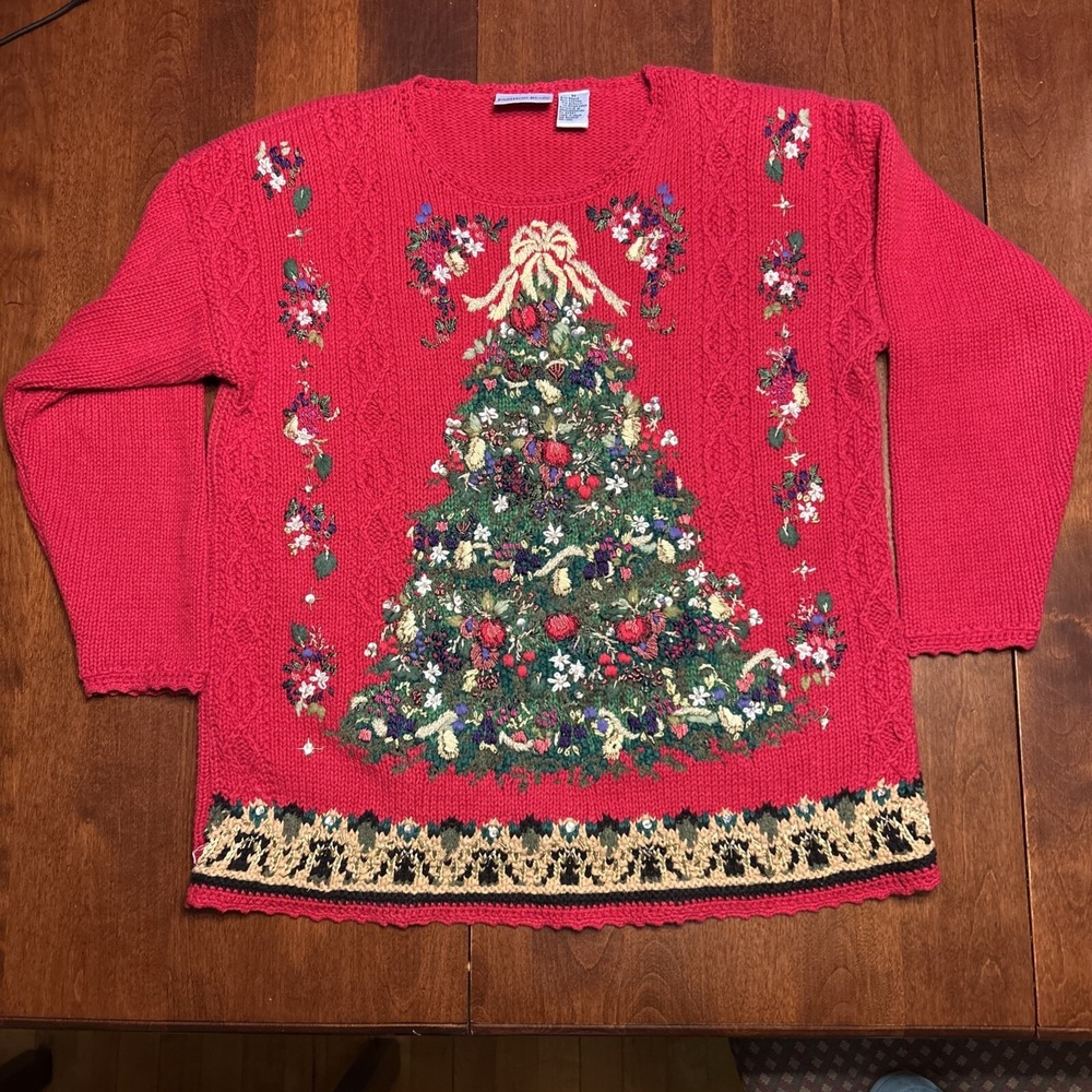 VTG Vintage Fashion Bug Christmas Sweater M Medium Red Tree Embroidered